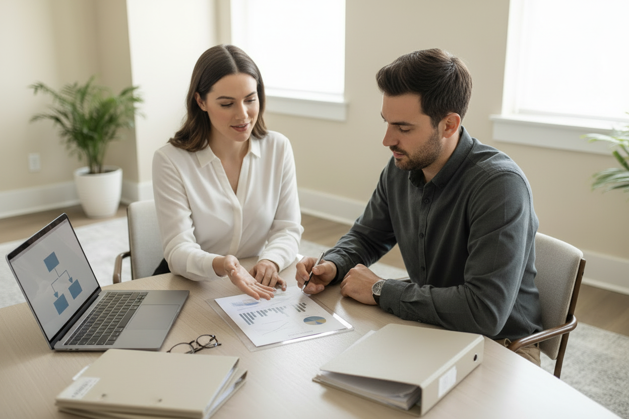 Two professionals reviewing documents with laptop